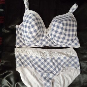 Cacique Blue and White Plaid Lace Bra and Panty Set